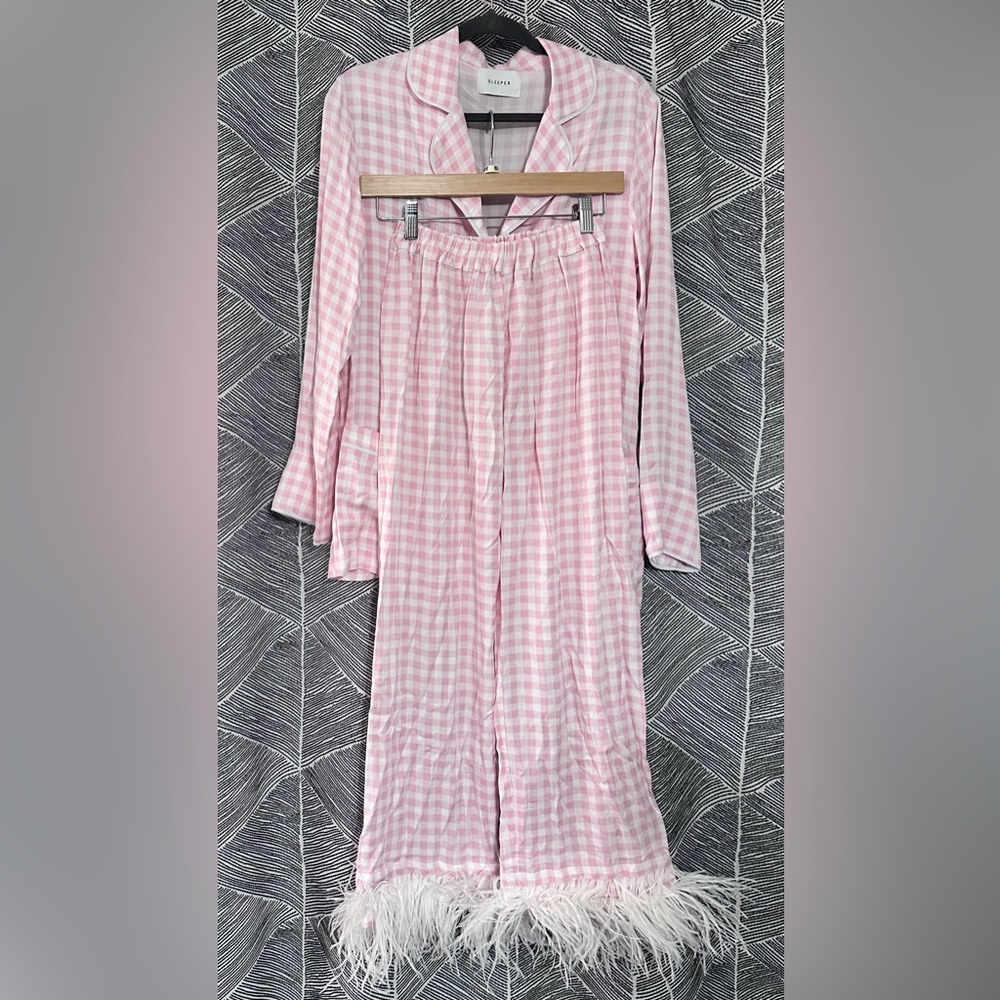 Sleeper Party Pajama Set with Feathers Pink Vichy Small